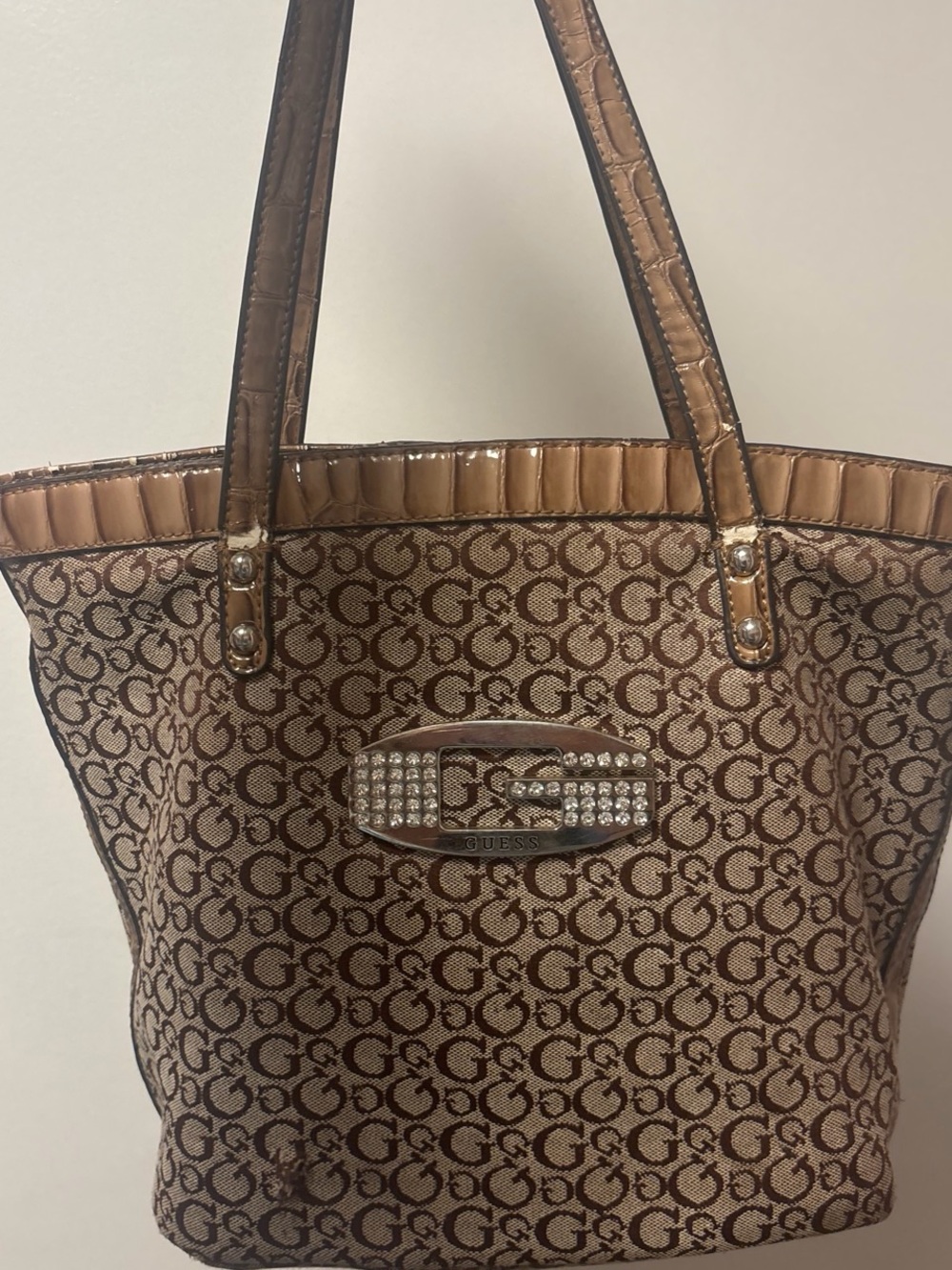 GUESS Brown Monogram Tote with Crystal Logo Plaque